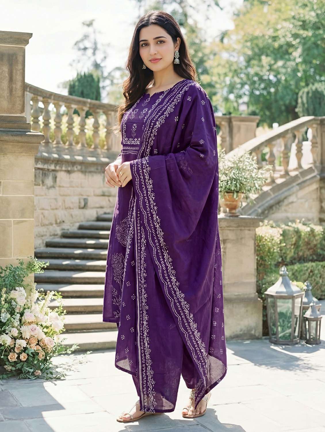 women printed notch neck kurta and pant set with dupatta - 22486306 -  Standard Image - 2