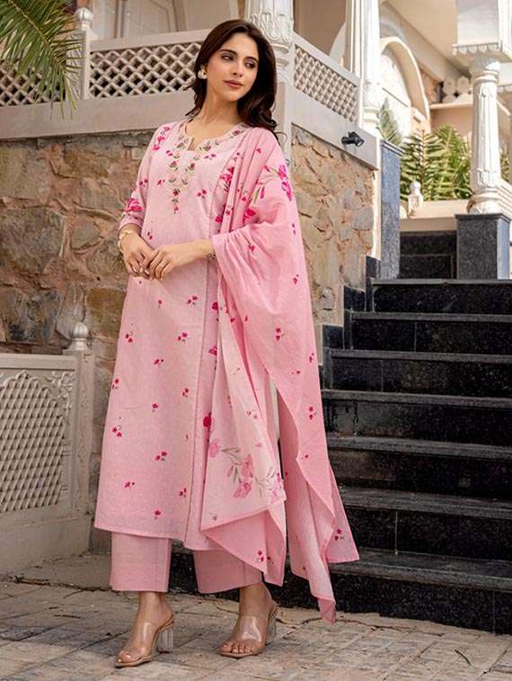 women solid with work three quarter sleeve kurta pant with dupatta set - 22486308 -  Standard Image - 2
