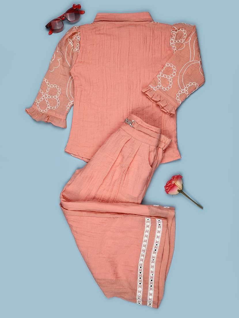 Girls Embroidered Three Quarter Sleeves Shirt And Trouser Co-ord Set - 22486575 -  Standard Image - 2