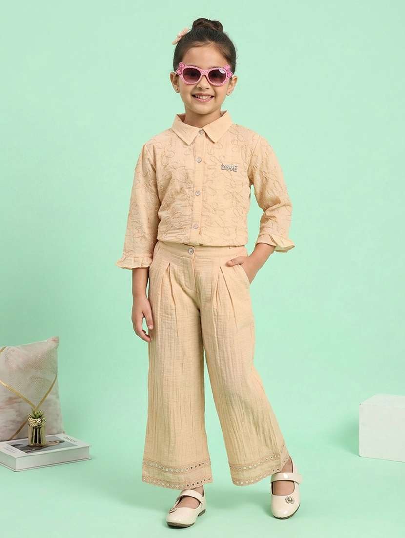 girls embroidered long sleeves shirt and palazzo co-ord set