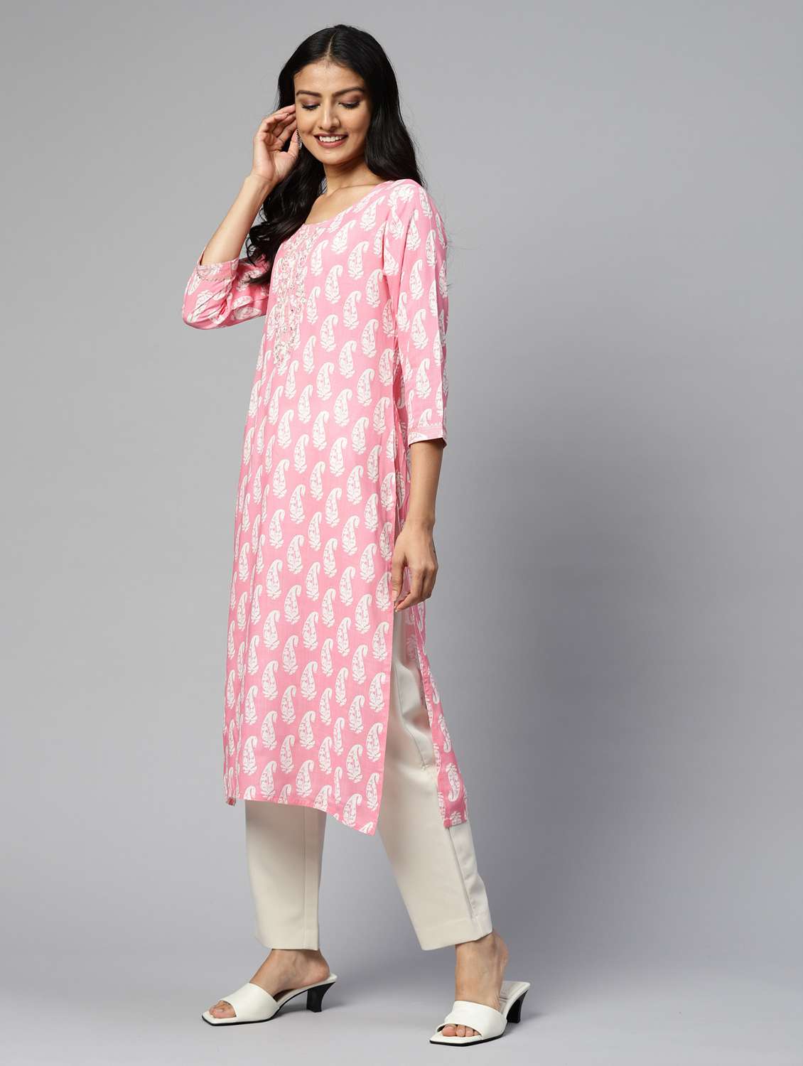 women printed three quarter sleeve straight kurta - 22486889 -  Standard Image - 2