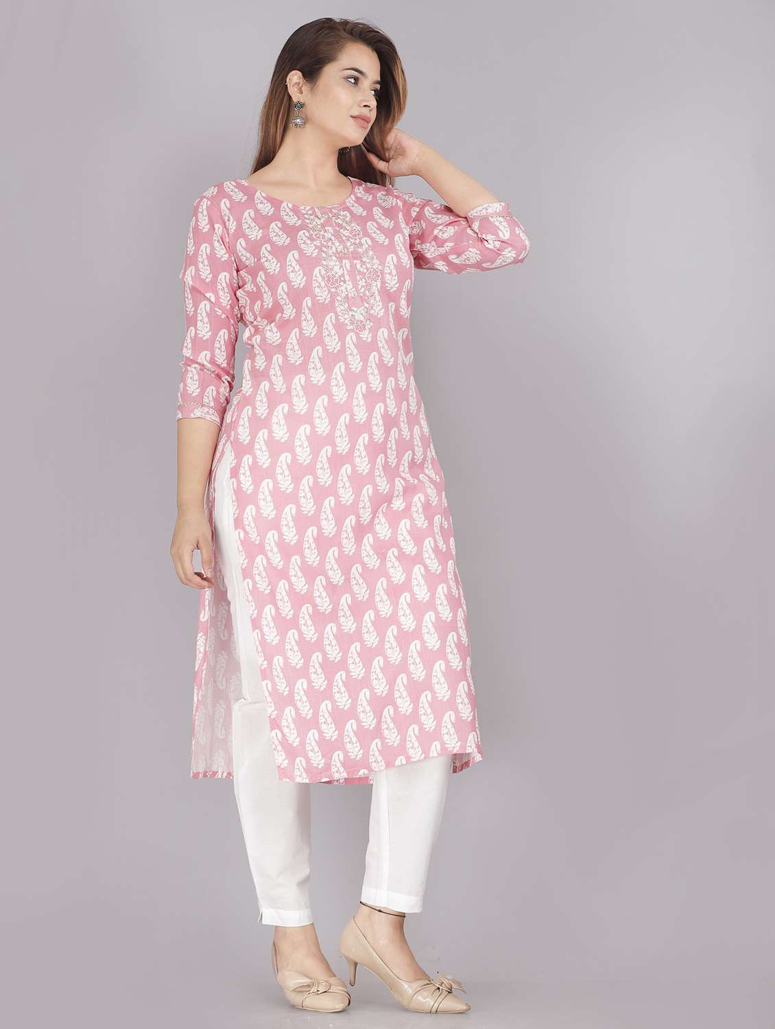 women printed three quarter sleeve straight kurta - 22486891 -  Standard Image - 2