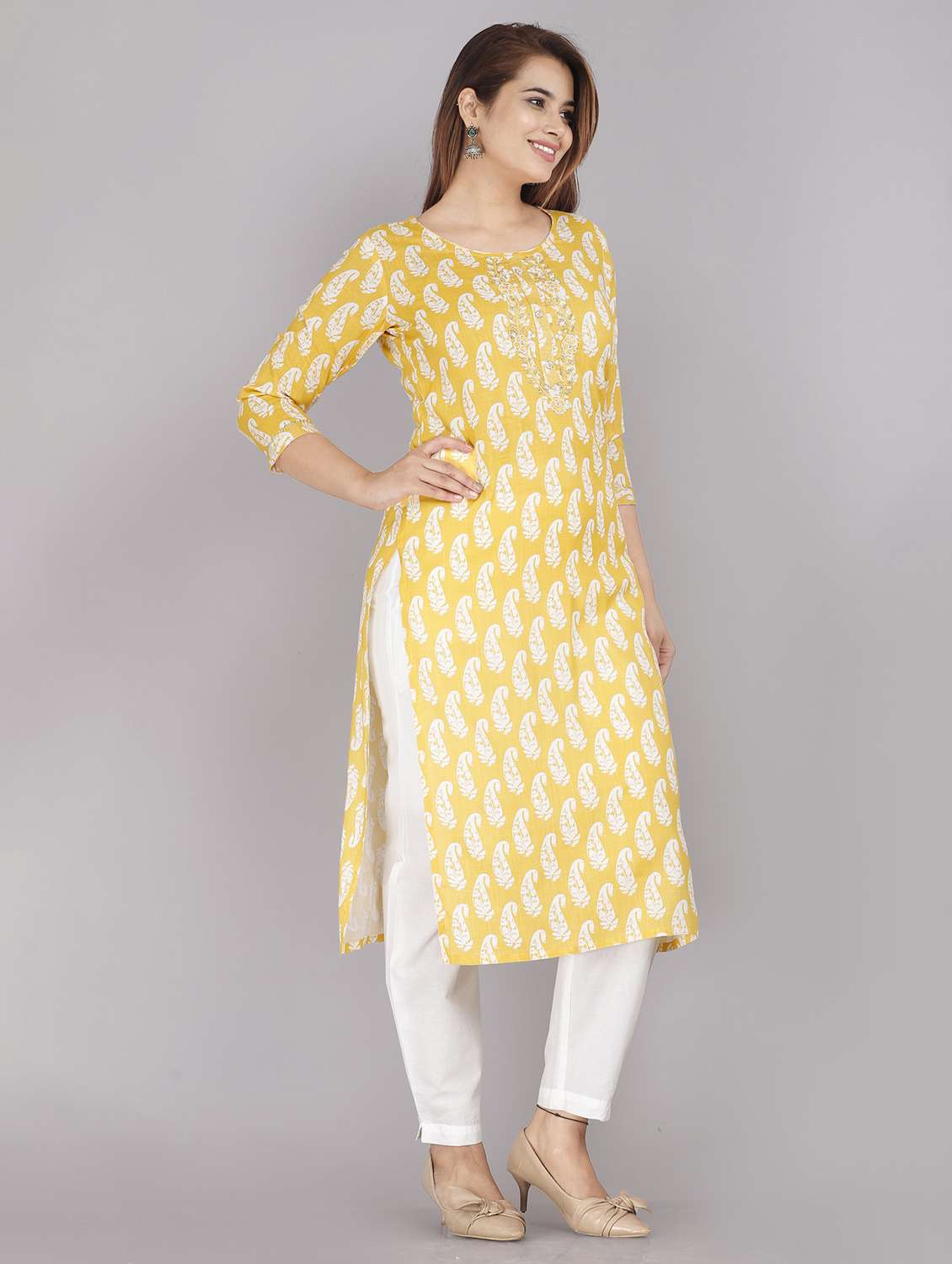 women printed three quarter sleeve straight kurta - 22486892 -  Standard Image - 2