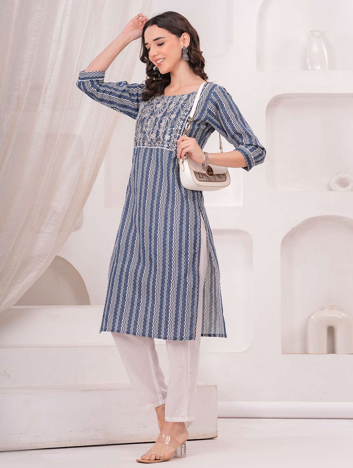 women printed three quarter sleeve straight kurta - 22486897 -  Standard Image - 2