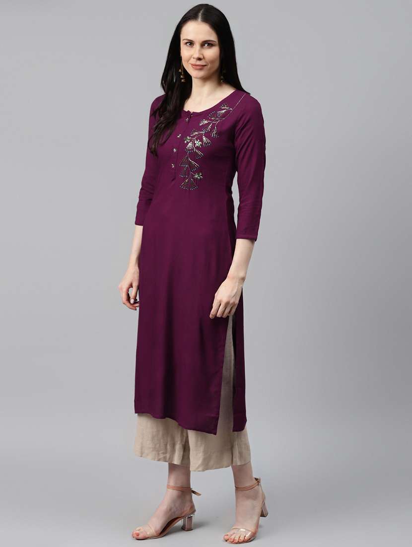 women solid with work three quarter sleeve straight kurta - 22486898 -  Standard Image - 2