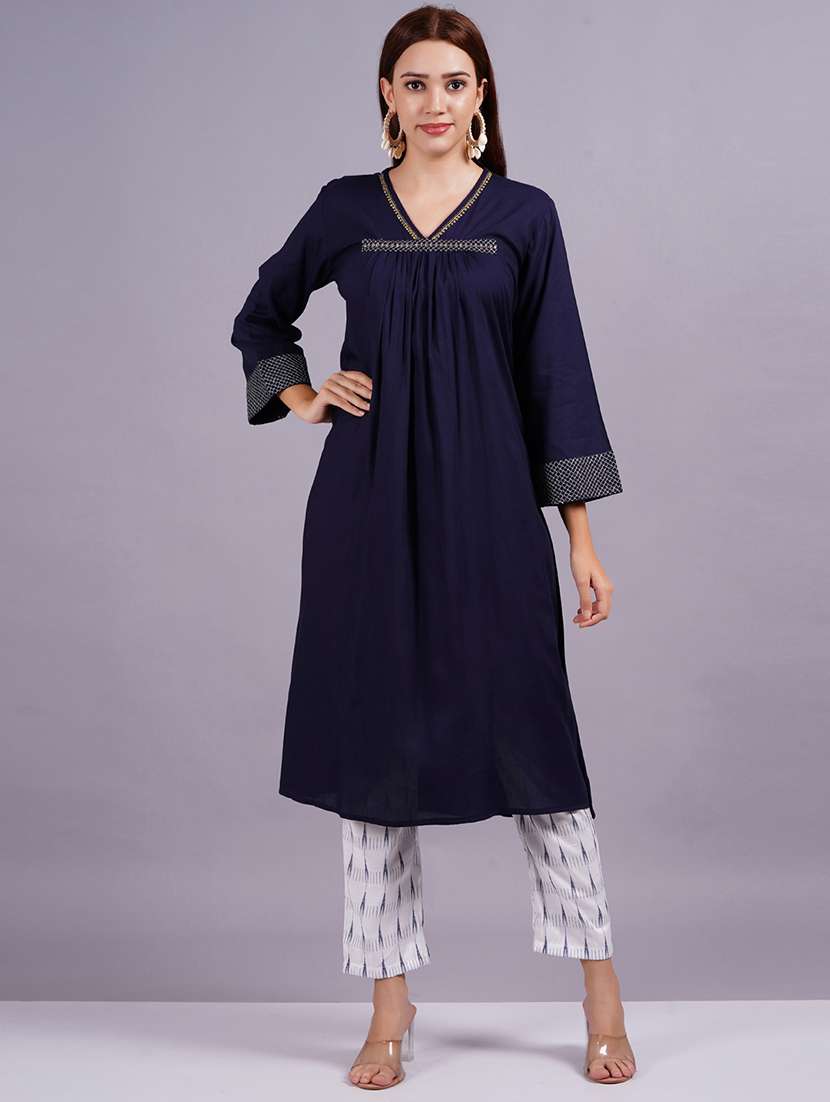 women solid three quarter sleeve a-line kurta