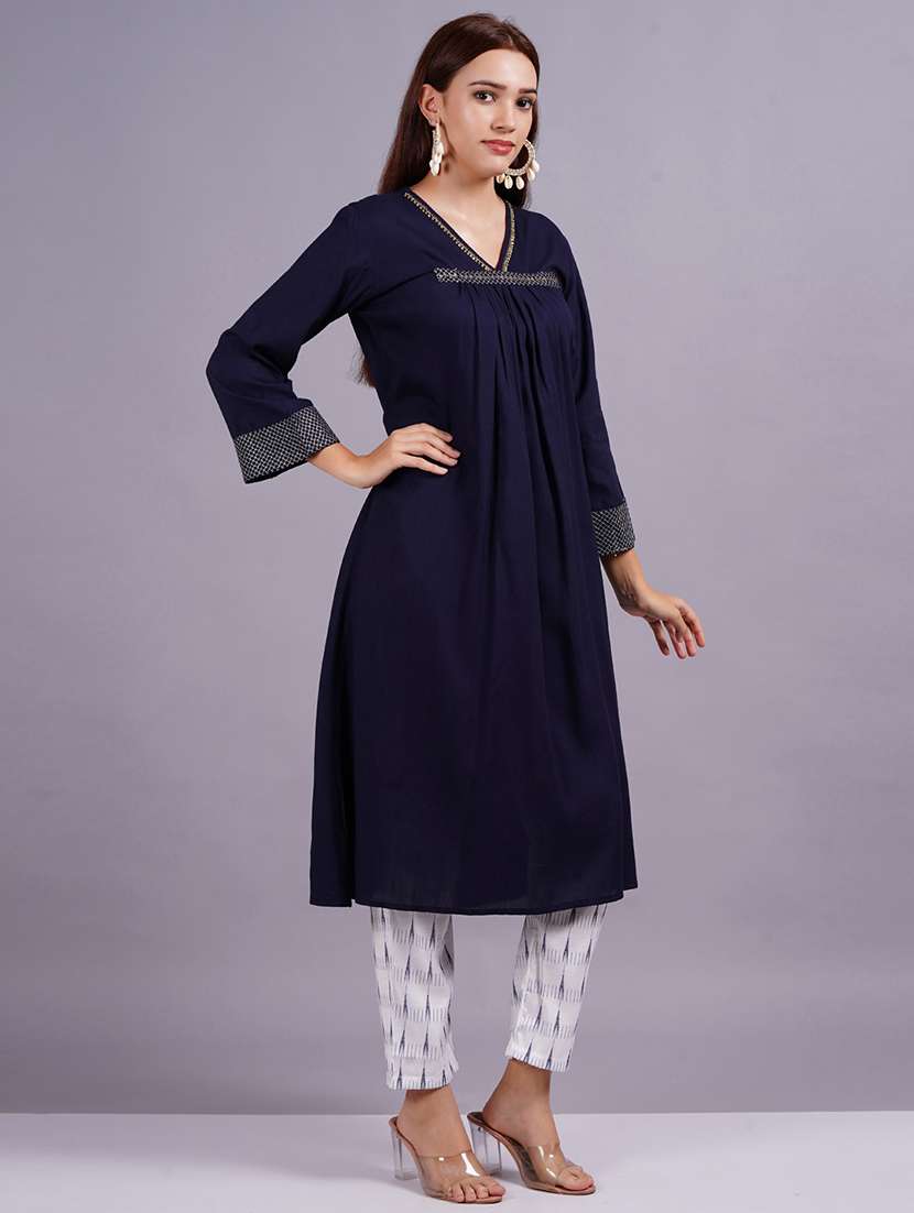 women solid three quarter sleeve a-line kurta - 22486903 -  Standard Image - 2