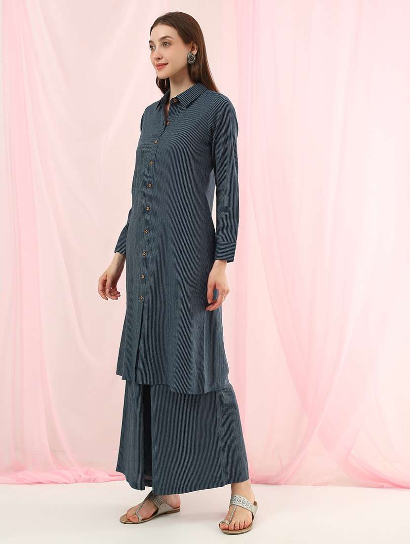 girls cotton striped shirt style kurta pant set - 22486929 -  Standard Image - 2