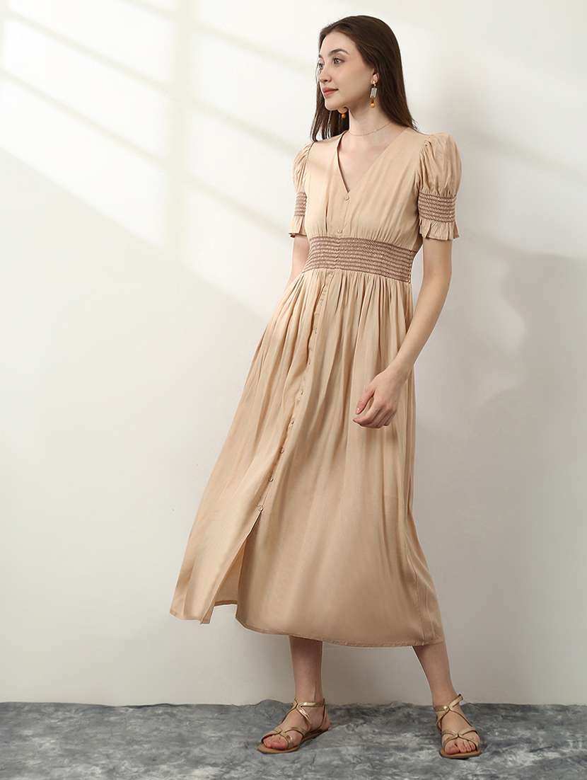 women solid puff sleeves fit and flare dress