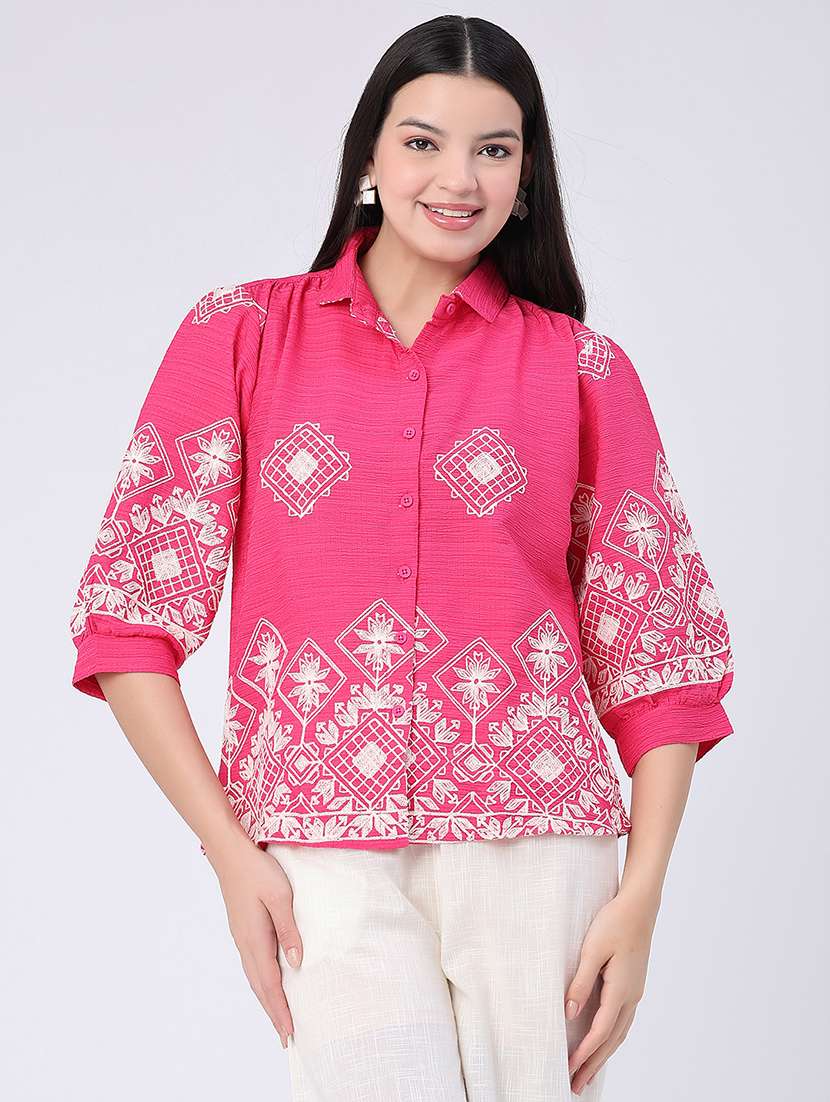 women embroidered collared regular shirt