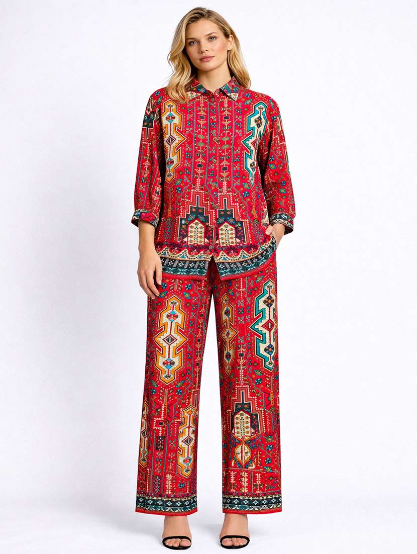 women printed three quarter sleeve shirt & trouser co-ord set - 22489342 -  Standard Image - 2