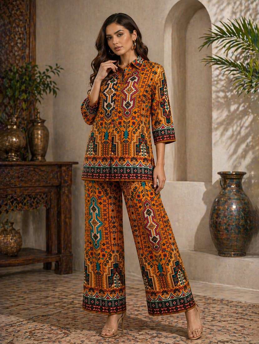 women printed three quarter sleeve shirt & trouser co-ord set - 22489345 -  Standard Image - 2