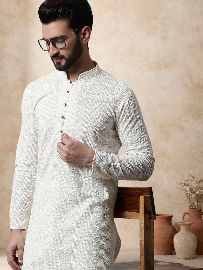 men solid with work mandarin neck long kurta - 22489355 -  Standard Image - 2