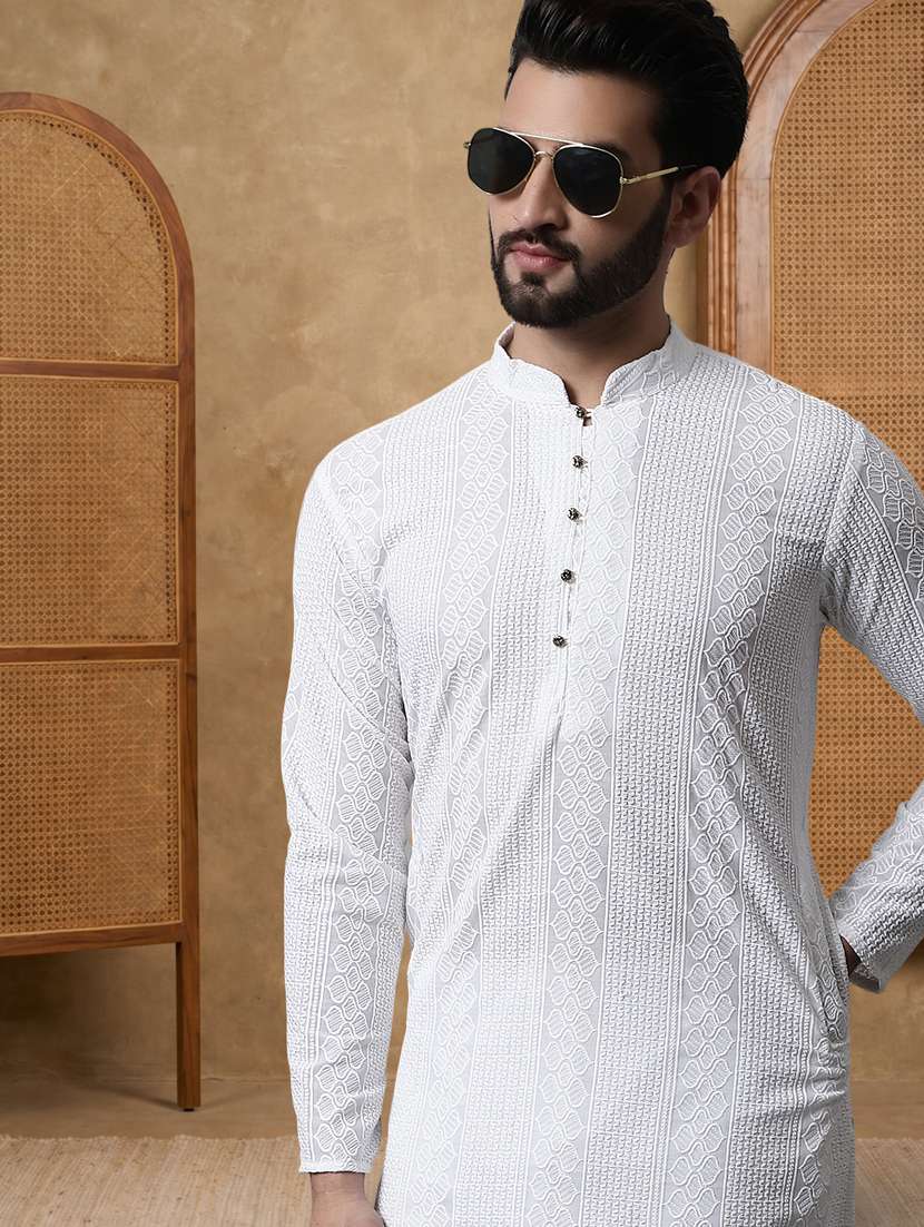 men solid with work mandarin neck long kurta - 22489357 -  Standard Image - 2