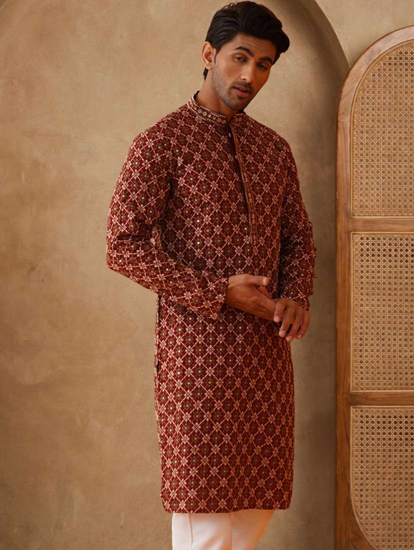 men solid with work mandarin neck long kurta - 22489361 -  Standard Image - 2