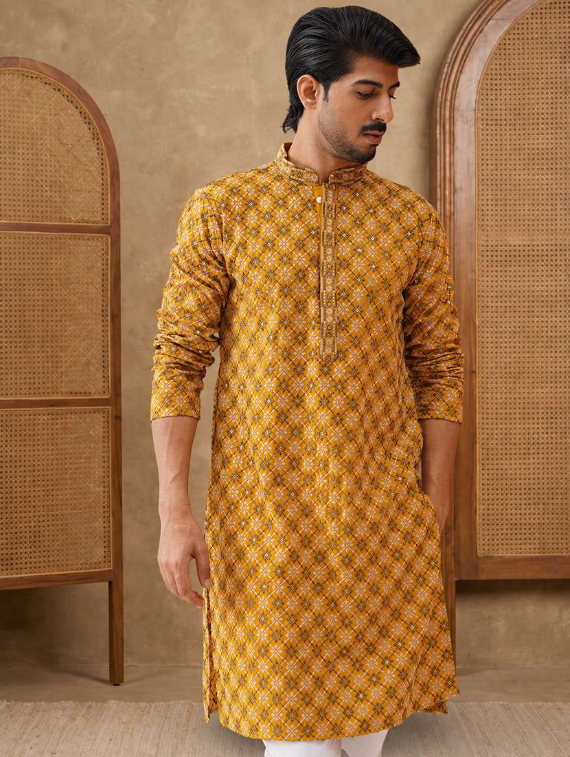 men solid with work mandarin neck long kurta - 22489362 -  Standard Image - 2