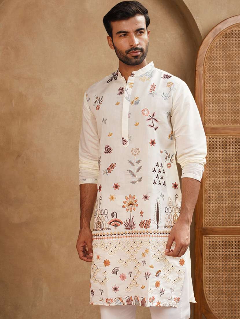 men solid with work mandarin neck long kurta