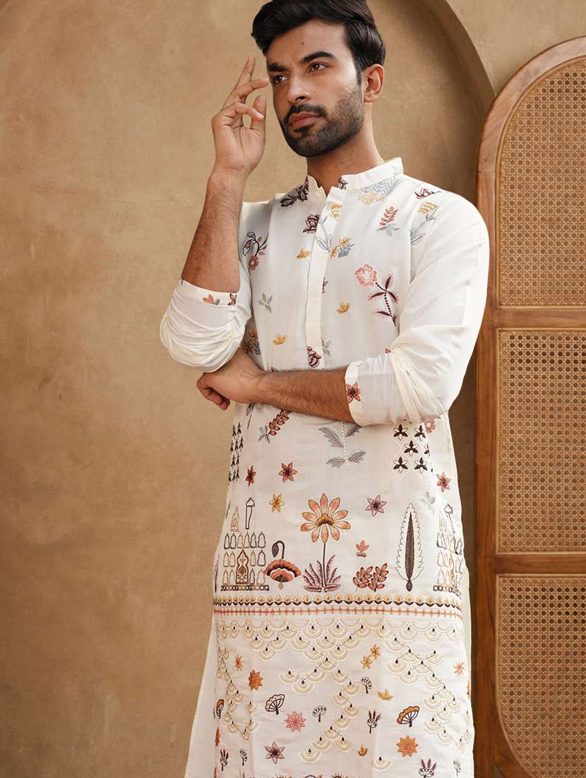 men solid with work mandarin neck long kurta - 22489363 -  Standard Image - 2