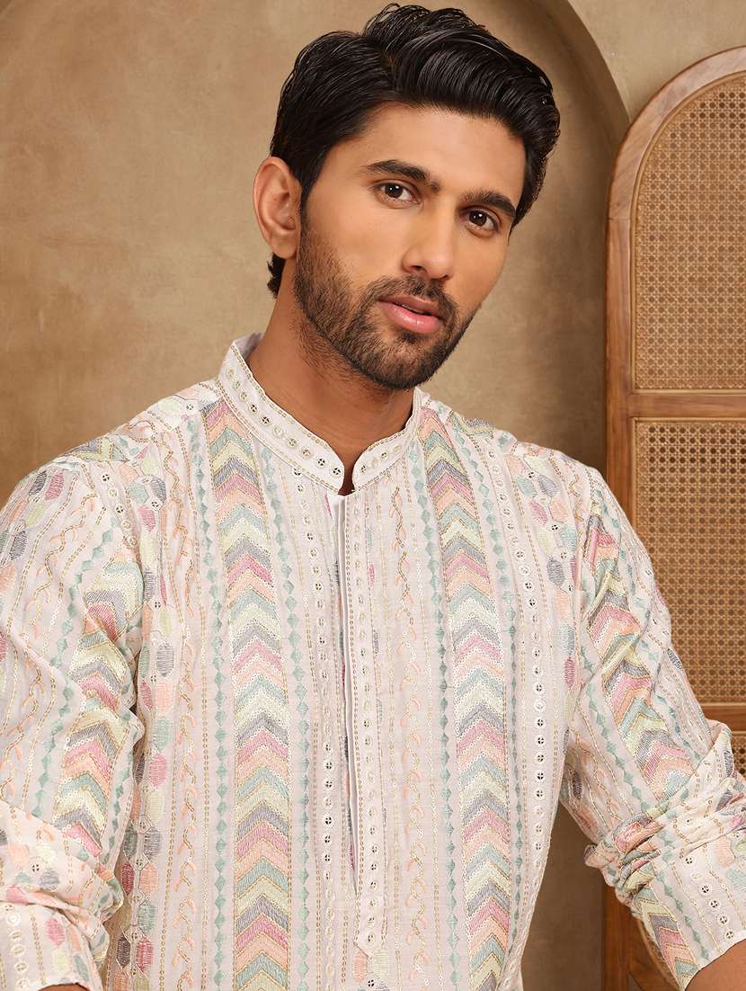 men solid with work mandarin neck long kurta - 22489364 -  Standard Image - 2