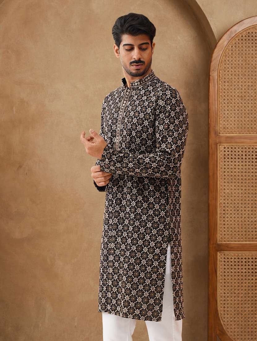 men solid with work mandarin neck long kurta - 22489373 -  Standard Image - 2