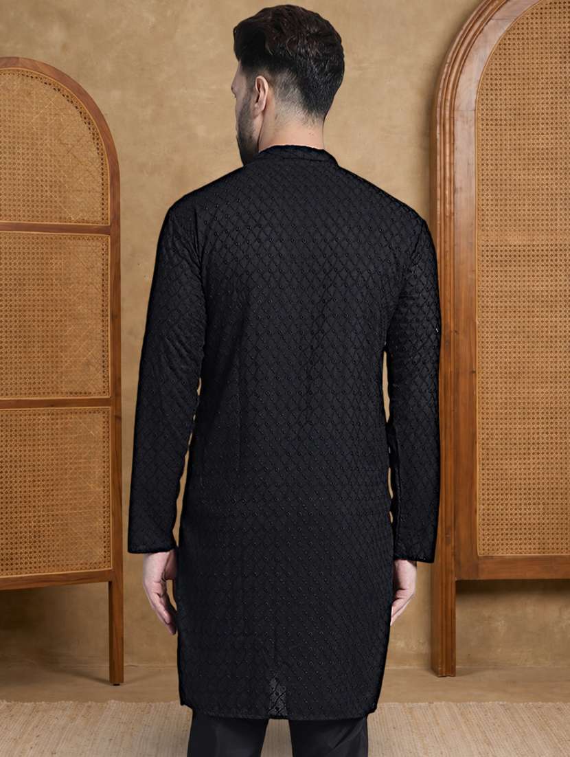 Men Solid With Work Mandarin Neck Long Kurta - 22489375 -  Standard Image - 2
