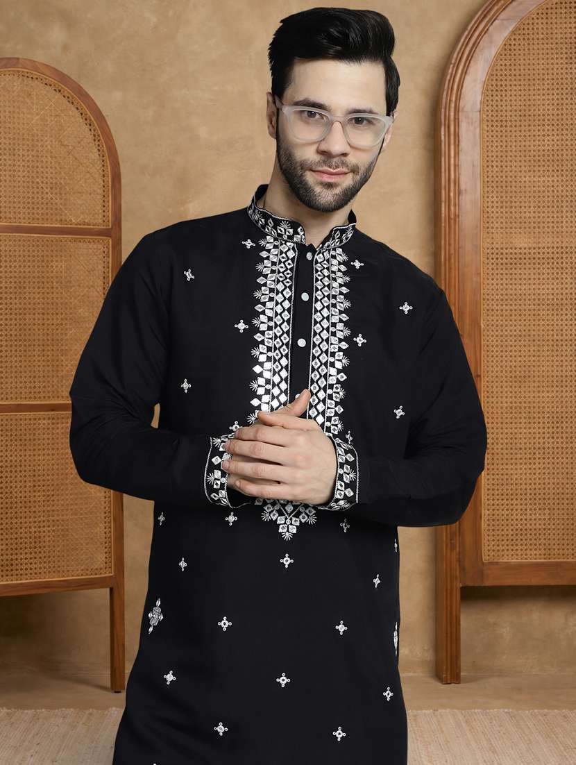 men solid with work mandarin neck long kurta - 22489377 -  Standard Image - 2