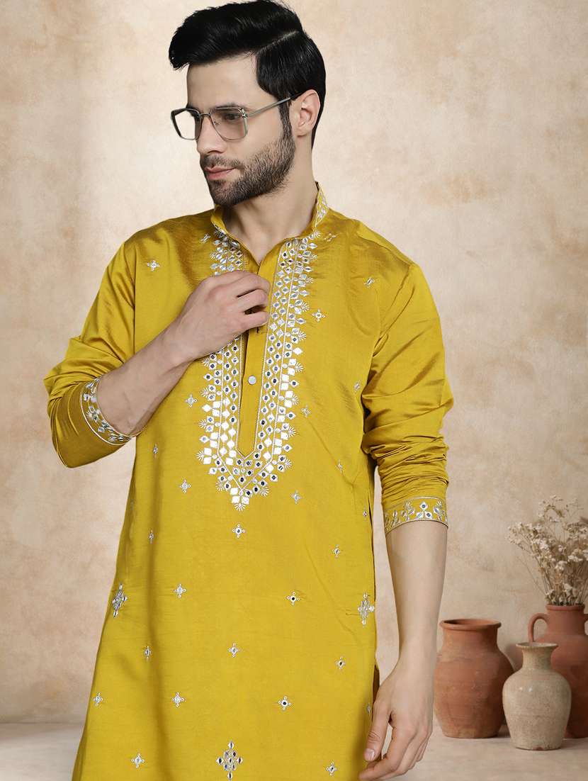 men solid with work mandarin neck long kurta - 22489378 -  Standard Image - 2
