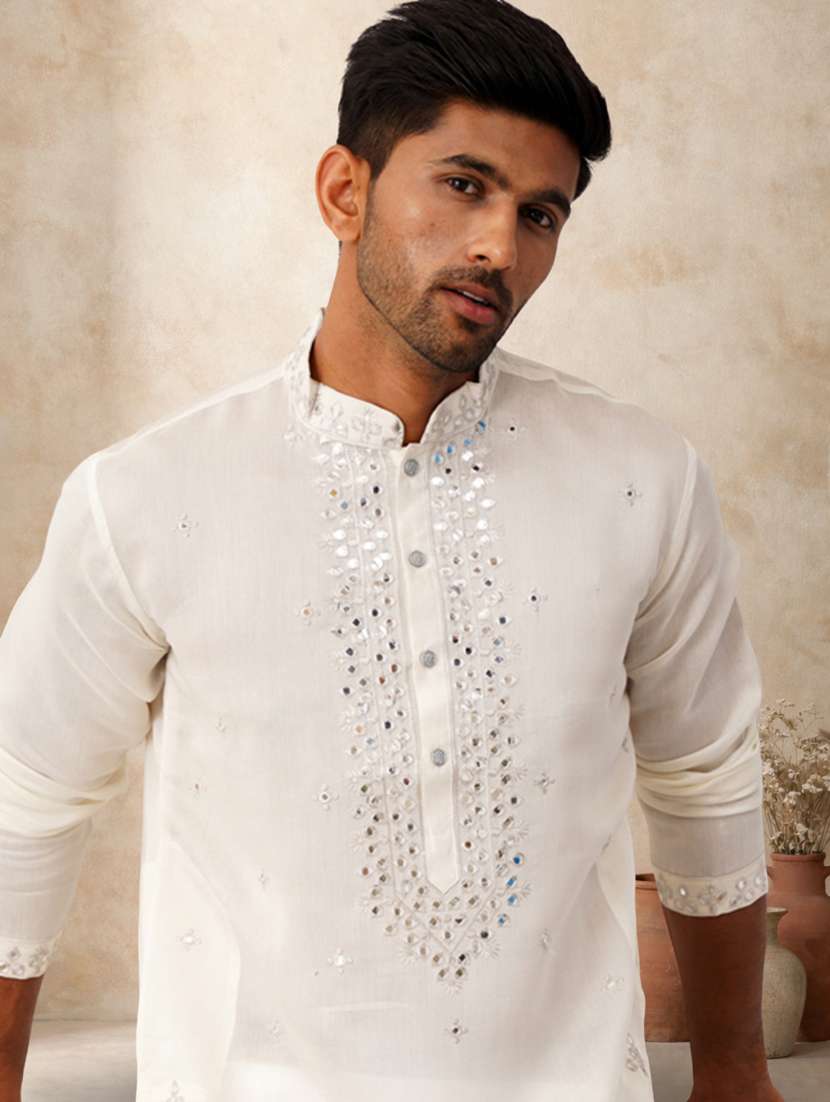 men solid with work mandarin neck long kurta - 22489379 -  Standard Image - 2
