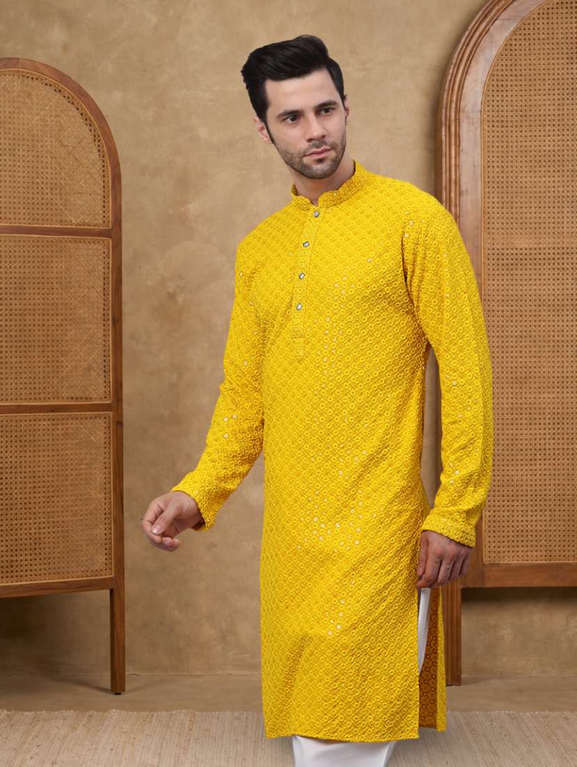 men solid with work mandarin neck long kurta - 22489380 -  Standard Image - 2