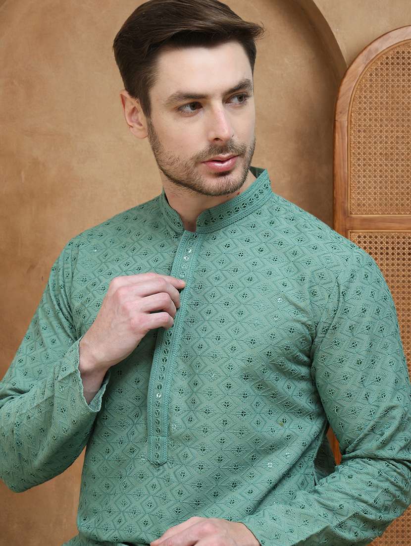 men solid with work mandarin neck long kurta - 22489388 -  Standard Image - 2