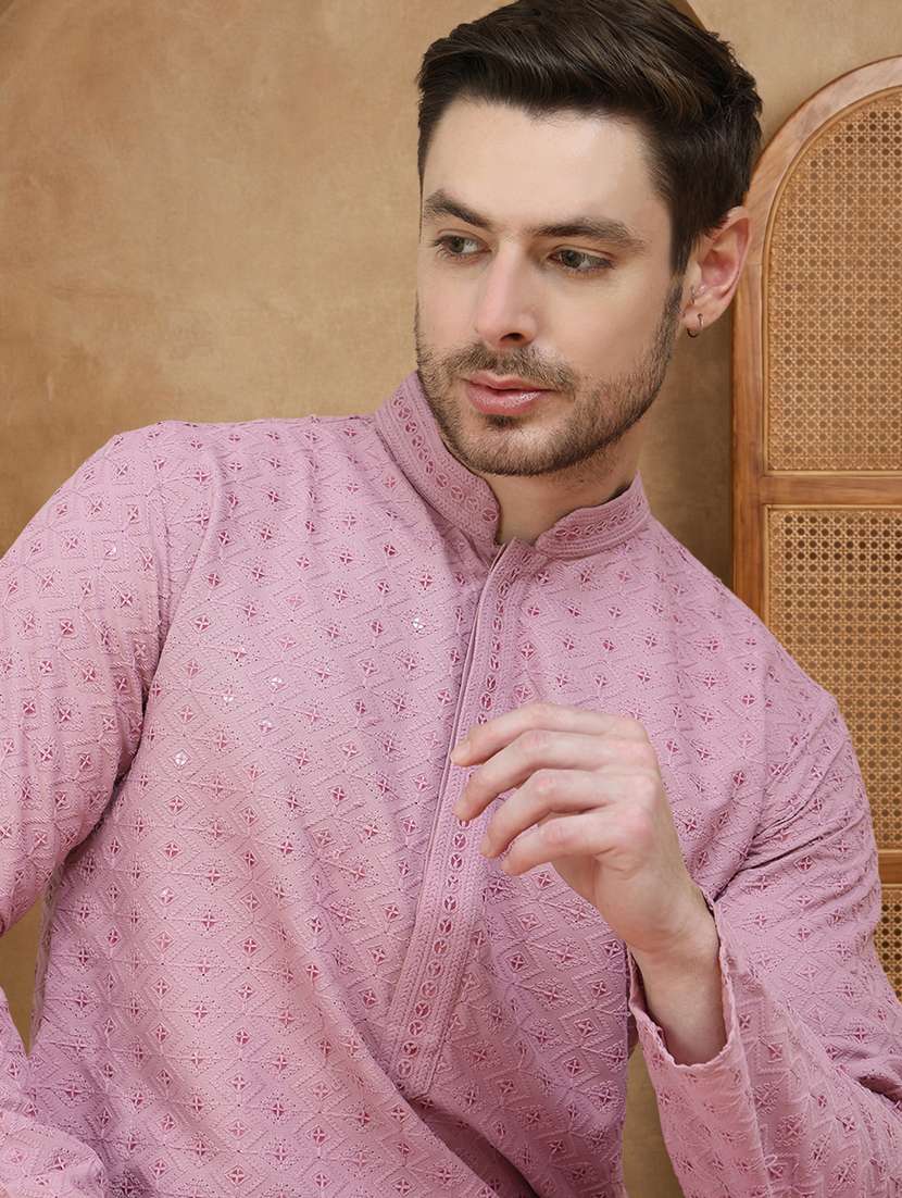 men solid with work mandarin neck long kurta - 22489391 -  Standard Image - 2