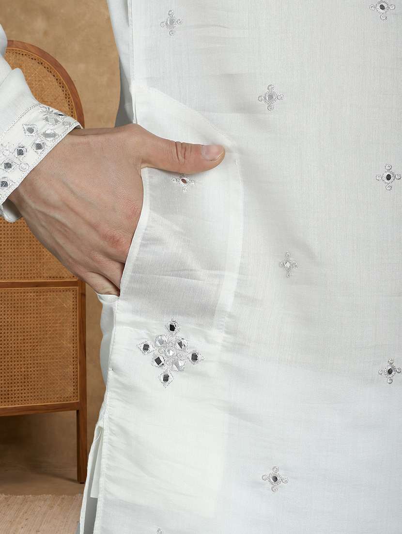 men solid with work mandarin neck long kurta - 22489393 -  Standard Image - 2
