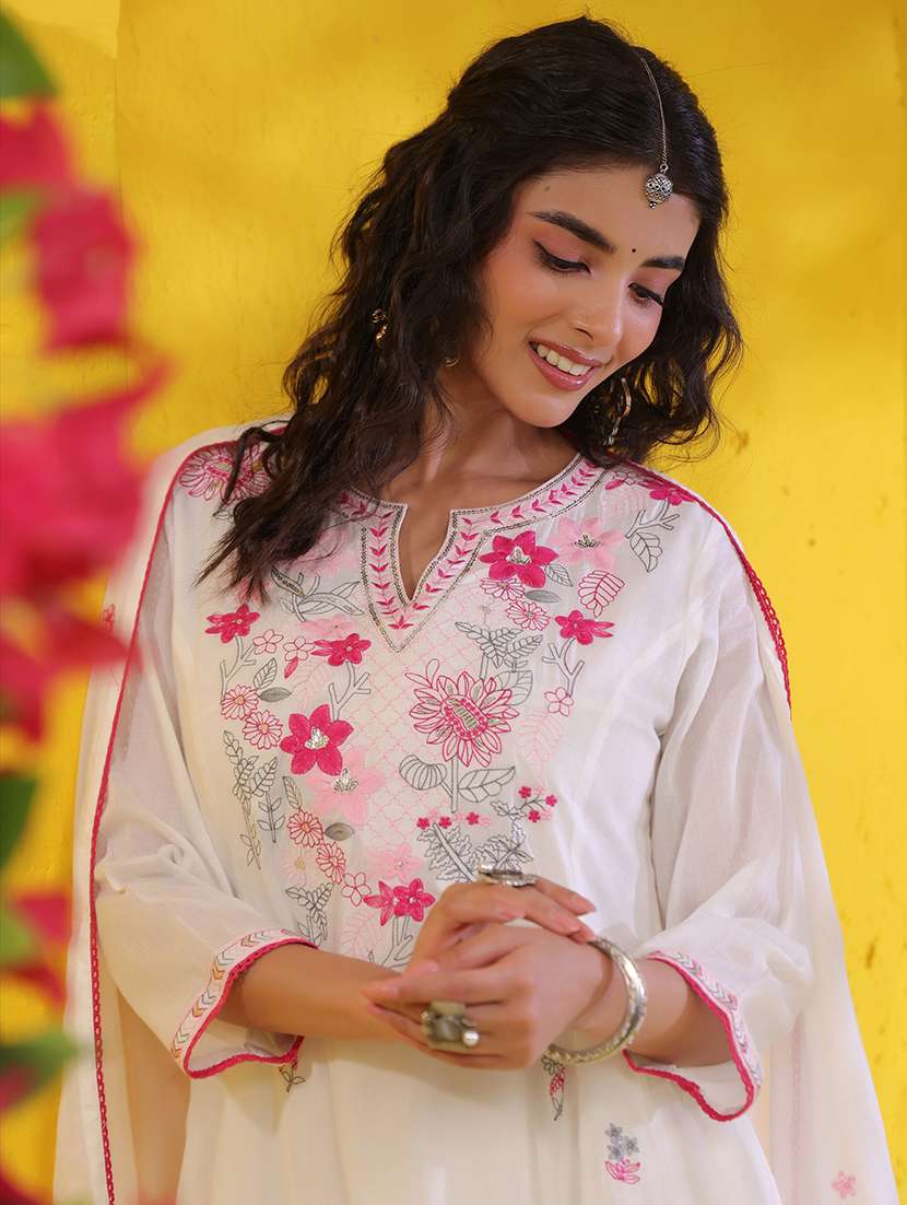 women solid with work three quarter sleeve kurta pant with dupatta set - 22489423 -  Standard Image - 2