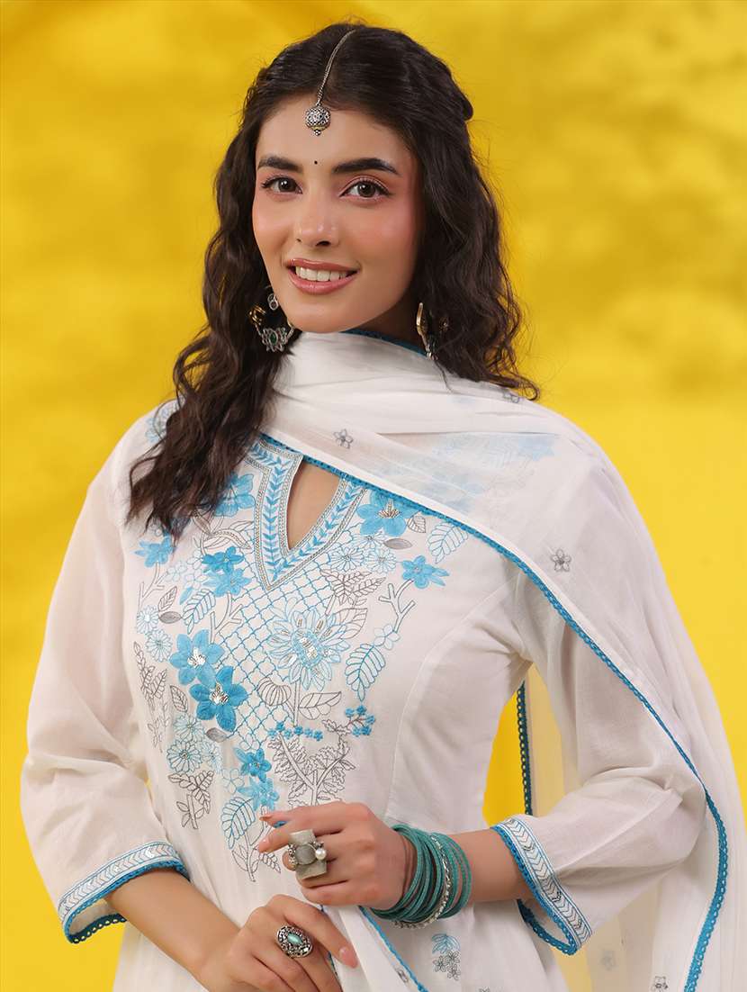 women solid with work three quarter sleeve kurta pant with dupatta set - 22489424 -  Standard Image - 2