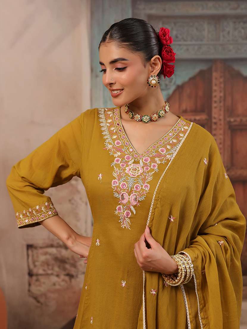 women embroidered three quarter sleeve kurta salwar with dupatta set - 22489443 -  Standard Image - 2