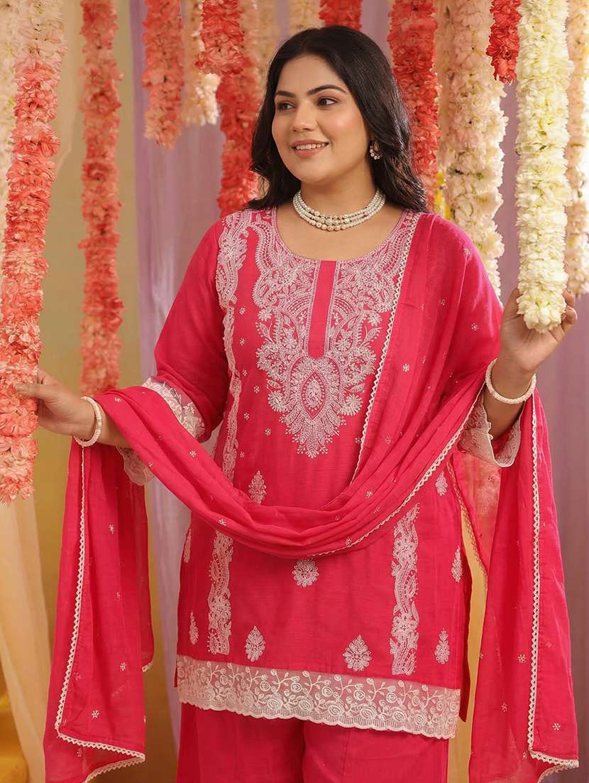 Women Solid With Work Three Quarter Sleeve Kurta Palazzo With Dupatta Set - 22489444 -  Standard Image - 2