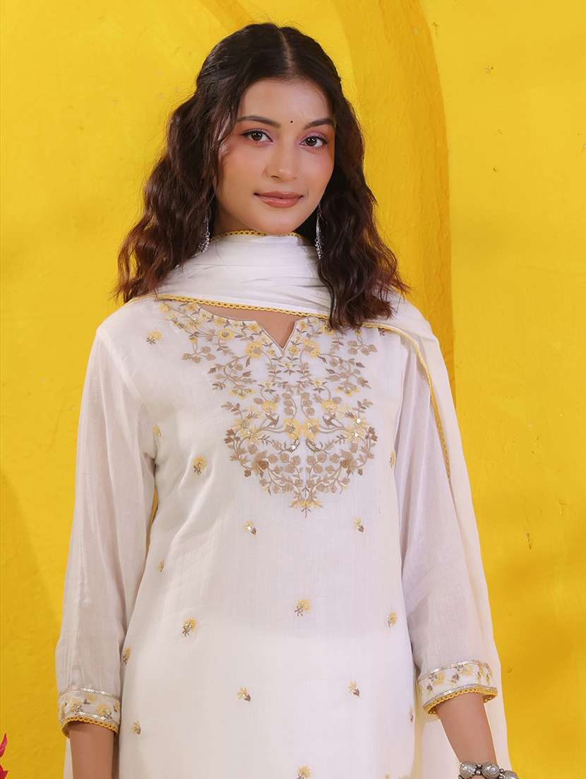 women solid with work three quarter sleeve kurta pant with dupatta set - 22489446 -  Standard Image - 2