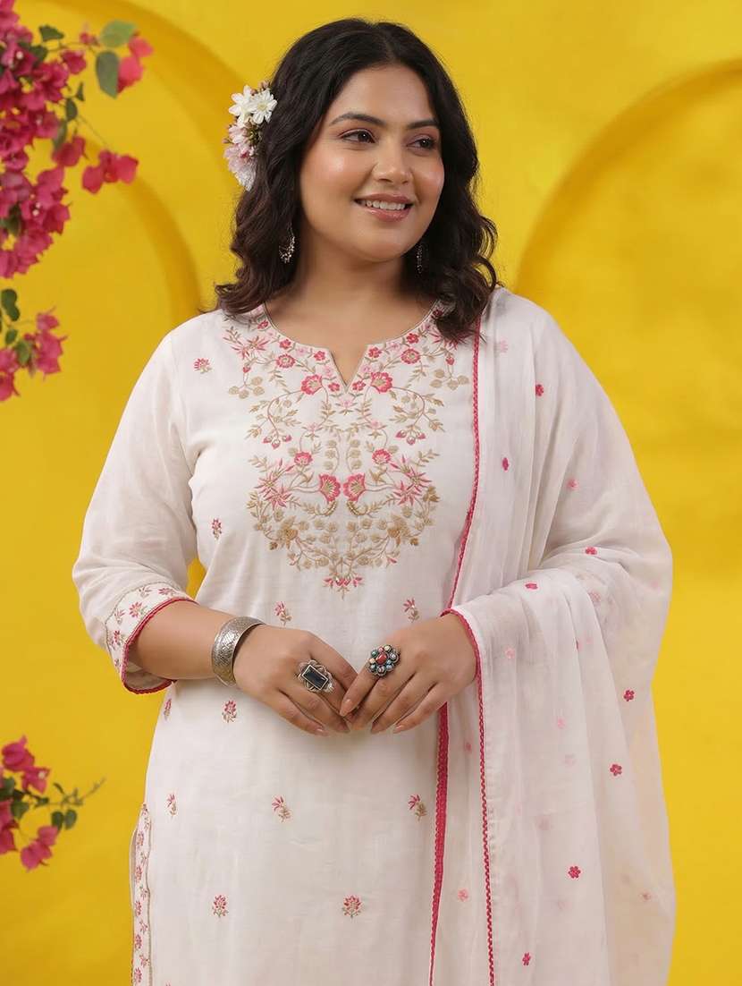 women solid with work three quarter sleeve kurta pant with dupatta set - 22489448 -  Standard Image - 2