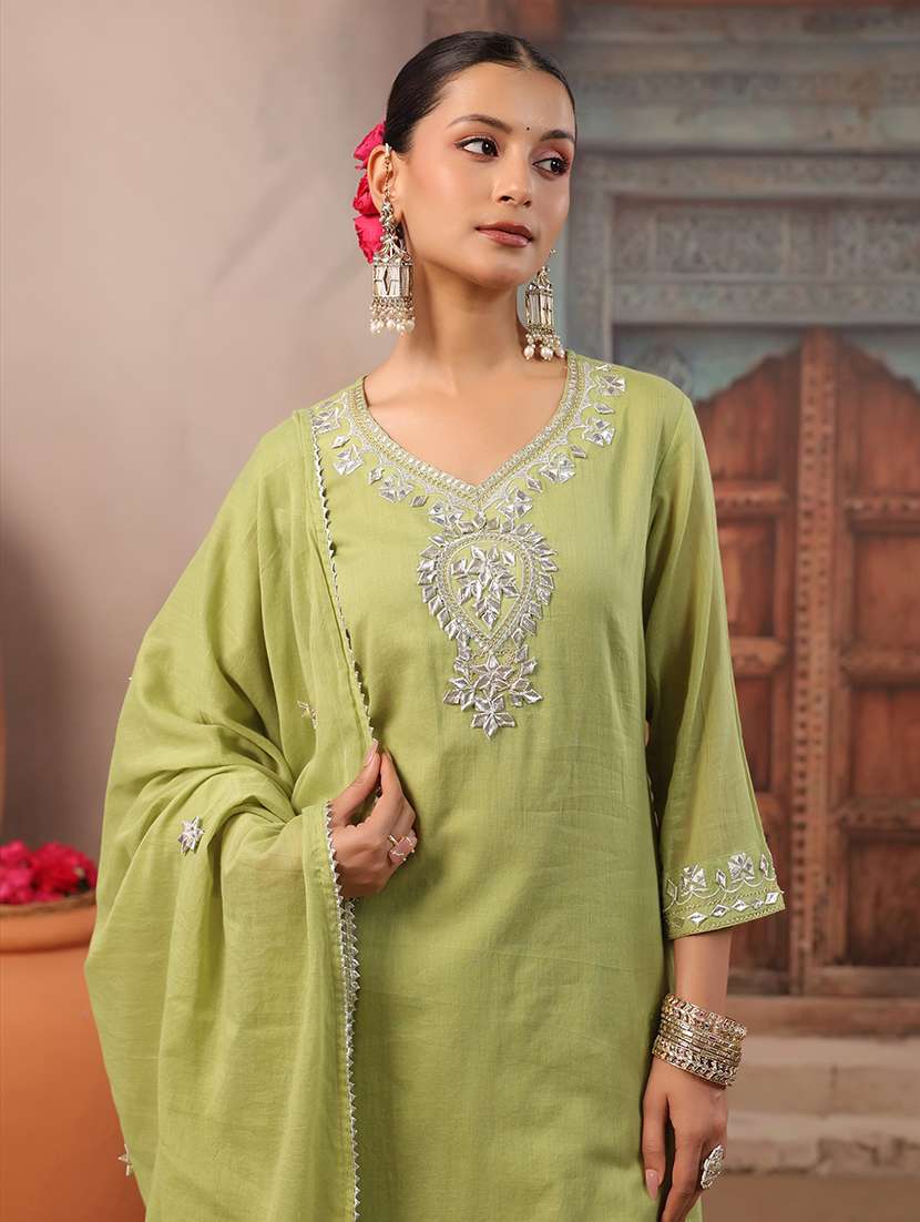 Women Solid With Work Three Quarter Sleeve Kurta Pant With Dupatta Set - 22489451 -  Standard Image - 2