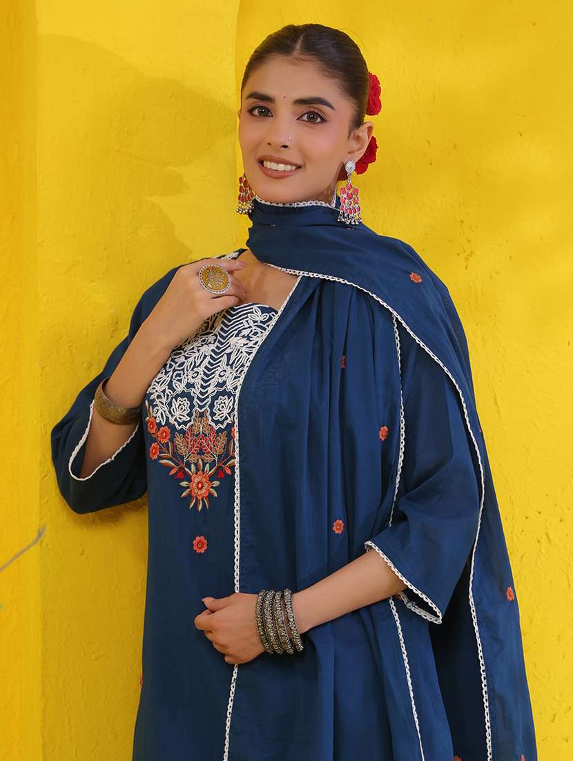 women solid with work three quarter sleeve kurta pant with dupatta set - 22489458 -  Standard Image - 2