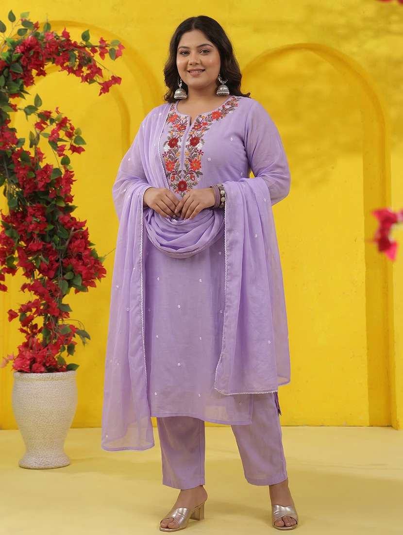women solid with work three quarter sleeve kurta pant with dupatta set