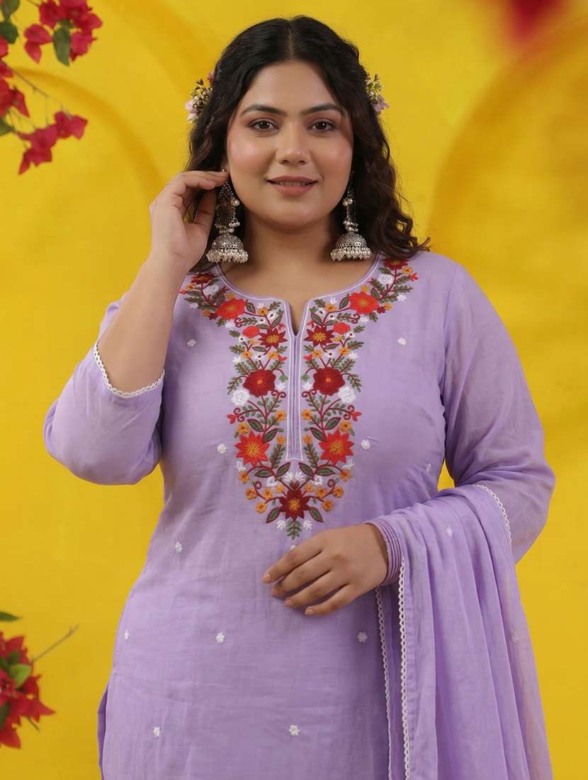 women solid with work three quarter sleeve kurta pant with dupatta set - 22489464 -  Standard Image - 2