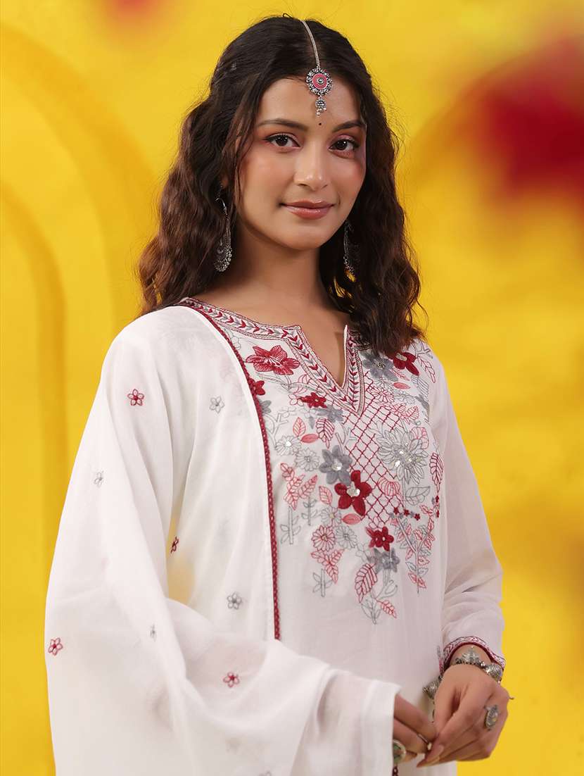 women solid with work three quarter sleeve kurta pant with dupatta set - 22489465 -  Standard Image - 2
