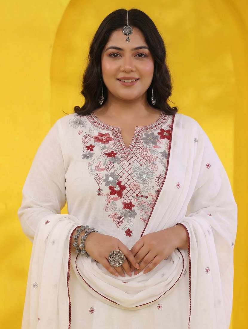 women solid with work three quarter sleeve kurta pant with dupatta set - 22489466 -  Standard Image - 2