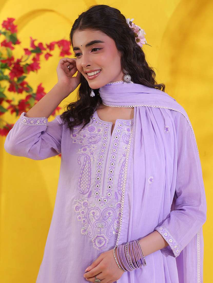 women solid with work three quarter sleeve kurta pant with dupatta set - 22489467 -  Standard Image - 2