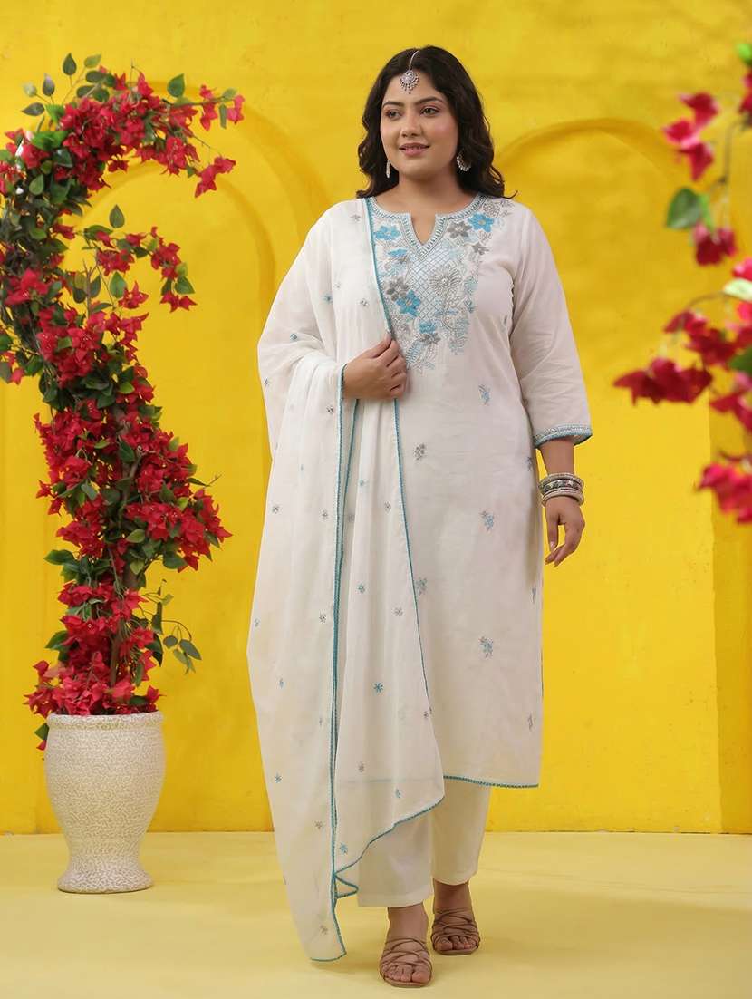 women solid with work three quarter sleeve kurta pant with dupatta set