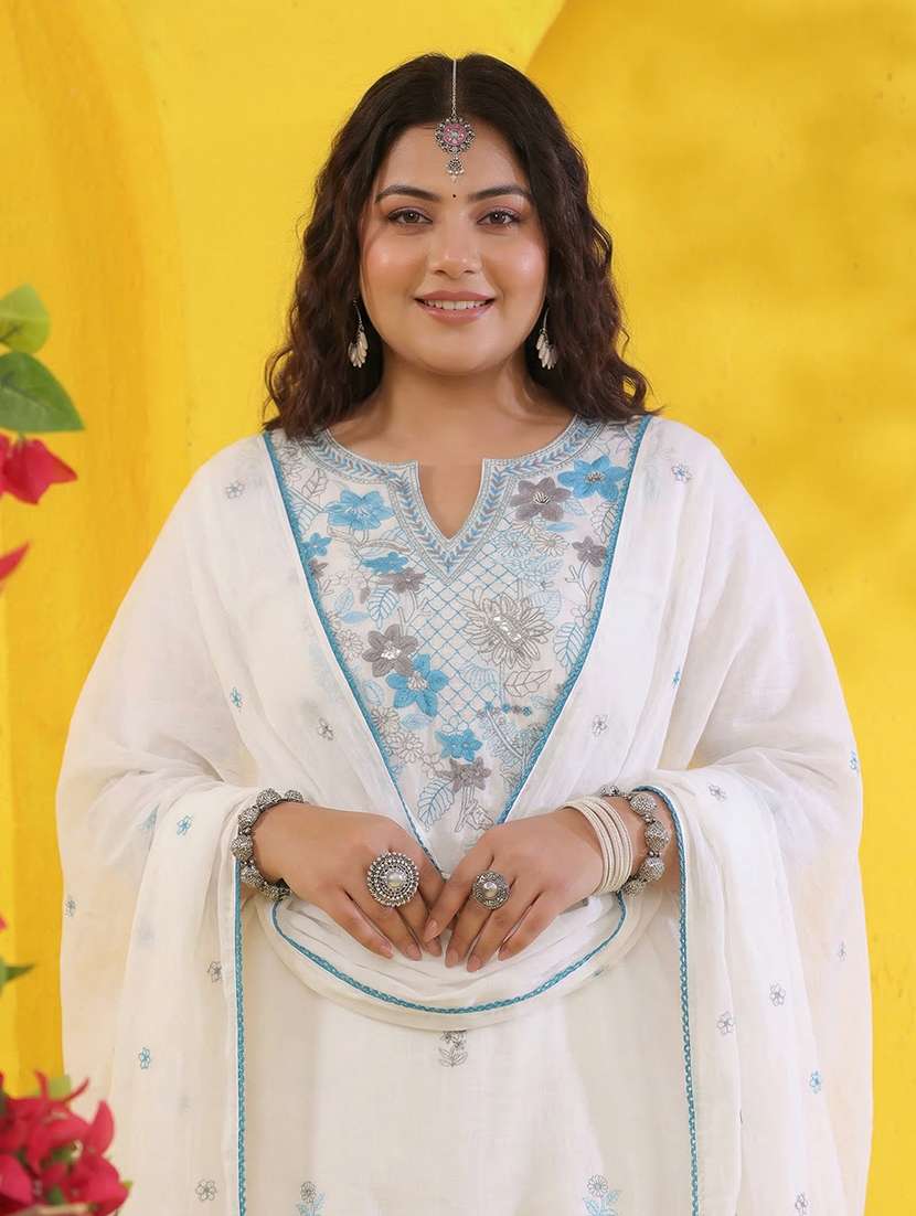 women solid with work three quarter sleeve kurta pant with dupatta set - 22489470 -  Standard Image - 2