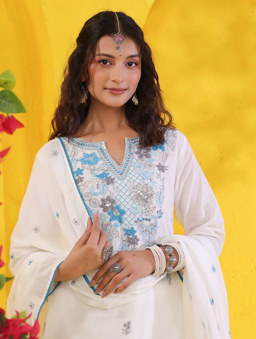 women solid with work three quarter sleeve kurta pant with dupatta set - 22489471 -  Standard Image - 2
