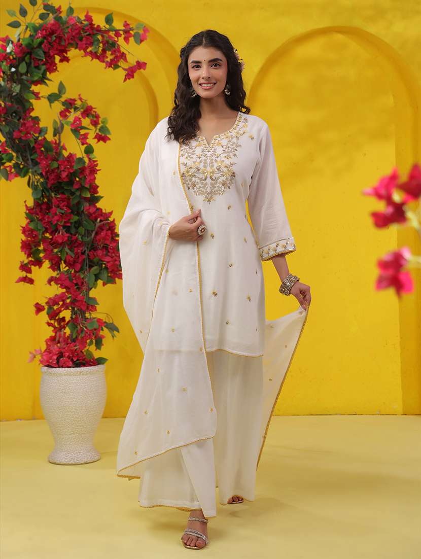 women solid with work three quarter sleeve kurta palazzo with dupatta set