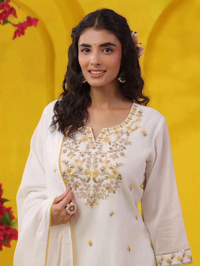 Women Solid With Work Three Quarter Sleeve Kurta Palazzo With Dupatta Set - 22489473 -  Standard Image - 2